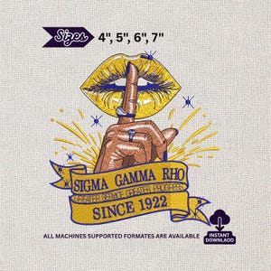 Op de afbeelding: Geborduurd ontwerp met een hand die stilte gebaart, een gouden mond en een banner met de tekst "SIGMA GAMMA RHO SINCE 1922". Beschikbare maten: 10 cm, 13 cm, 15 cm en 18 cm.