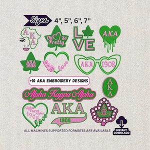 AKA Embroidery Bundle, Alpha Kappa Alpha Sorority Designs, Greek Letter 1908 Machine Stitch Files