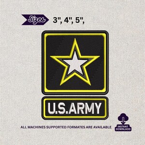 May include: Black and yellow embroidered patch featuring a white star within a yellow outline, set on a black square. Below, a rectangular patch reads "U.S. ARMY" in white. Sizes available: 3", 4", 5".