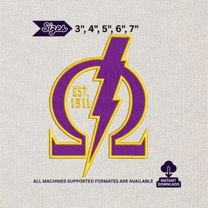 May include: Purple and gold embroidered design featuring a stylized lightning bolt through a Greek letter Omega. The text "EST. 1911" is inside the Omega. Sizes available: 3", 4", 5", 6", and 7".