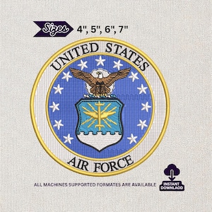 May include: Embroidered United States Air Force patch with a blue background, gold border, and the words "United States Air Force." Available in 4", 5", 6", and 7" sizes. Features an eagle and shield design.