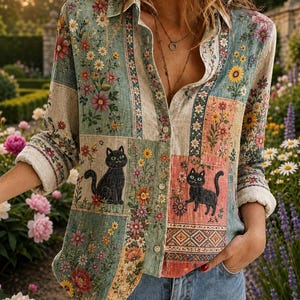 May include: A long-sleeved button-down shirt featuring a patchwork design of floral patterns and black cat illustrations. The shirt has a collar, a front button placket, and a chest pocket, rendered in a colour palette of muted green, pink, and tan.