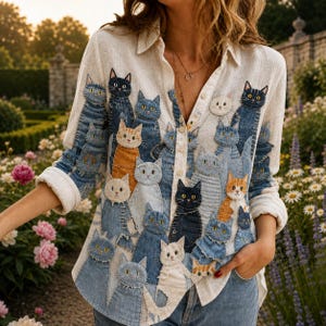 Patchwork Cat Blouse, Quirky Cat Button Down Shirt for Women, Cottagecore Denim Cat Print Top, Art Teacher Shirt, Crazy Cat Lady Gift