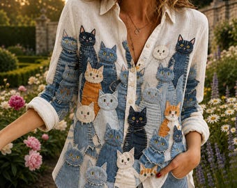 パッチワーク猫柄ブラウス、個性的な猫柄ボタンダウンシャツ（女性用）、コテージコア風デニム猫柄トップス、美術教師用シャツ、猫好き女性へのギフト