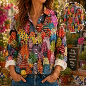 May include: A long-sleeve button-down shirt featuring a vibrant, multicolored pattern of stylized cats in various shapes and colors. The shirt has a classic collar, white buttons, and cuffed sleeves. An inset shows the back view of the same shirt.