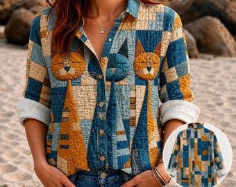 Faux Quilt Patchwork Cat Blouse, Abstract Geometric Cat Print Linen Blend Shirt, Boho Long Sleeve Top, Quirky Art Teacher Shirt, Cat Gift