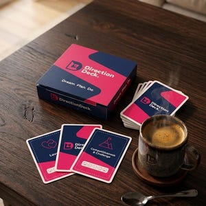 Puede incluir: Una foto de un juego de cartas llamado "Direction Deck". La caja y las cartas son de color azul marino y rosa. Las cartas están extendidas junto a una taza de café sobre un posavasos de madera, con una cuchara sobre una mesa de madera oscura.