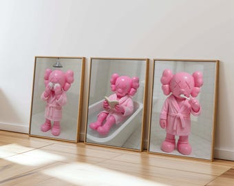 Set of 3 Pink Kaws Bathroom Prints, Hypebeast Wall Art (Digital Download)