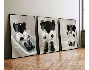 Set of 3 Black Kaws Bathroom Prints, Hypebeast Wall Art (Digital Download)