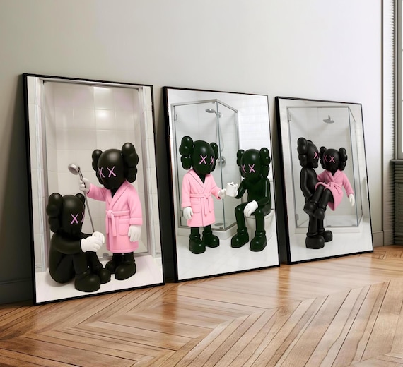 Set of 3 Black Kaws in Shower & Bathroom, DIGITAL DOWNLOAD, Kaws Poster, Hypebeast Prints, Washroom Wall Art, Bathroom Decor