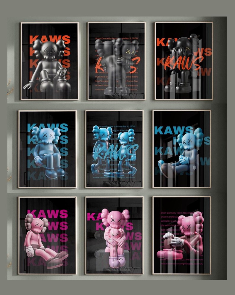 KAWS Poster Set 9 Bundle: Graffiti Wall Art, Minimalist Decor (digital ...