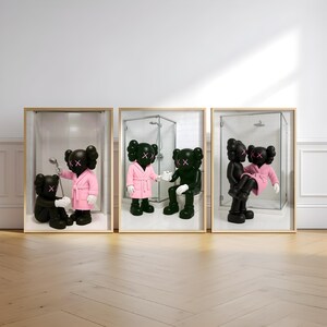 Set of 3 Black Kaws in Shower & Bathroom, DIGITAL DOWNLOAD, Kaws Poster, Hypebeast Prints, Washroom Wall Art, Bathroom Decor image 3
