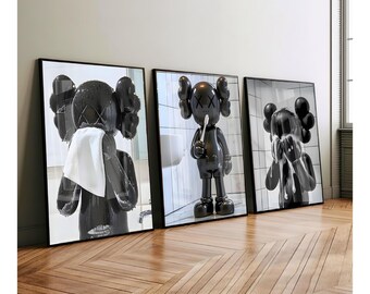 Set of 3 Black Kaws in Shower & Bathroom, DIGITAL DOWNLOAD, Kaws Poster, Hypebeast Prints, Washroom Wall Art, Bathroom Decor