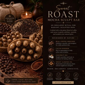 Op de afbeelding: Ovale mocha sculpt bars met details van koffiebonen en cacaopoeder. De bars zijn omringd door koffiebonen, cacaopoeder en de tekst "Sweet Roast Mocha Sculpt Bar". De tekst zegt ook "Handgemaakt in kleine batches".