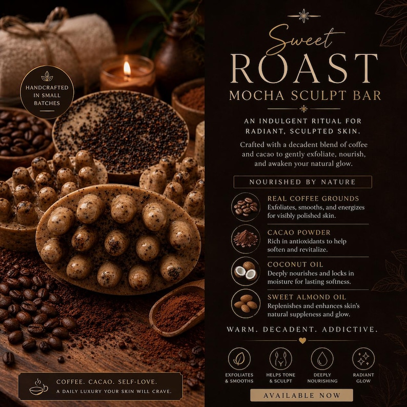Op de afbeelding: Ovale mocha sculpt bars met details van koffiebonen en cacaopoeder. De bars zijn omringd door koffiebonen, cacaopoeder en de tekst "Sweet Roast Mocha Sculpt Bar". De tekst zegt ook "Handgemaakt in kleine batches".