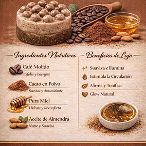 May include: An advertisement for a Sweet Roast Mocha toning bar. The image features a round bar with coffee bean toppings, coffee grounds, honey, almonds, and text in Spanish describing ingredients and benefits.