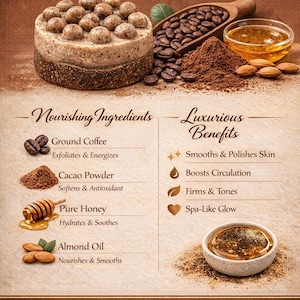 Op de afbeelding: Een advertentie voor een Sweet Roast Mocha Sculpt Bar. De afbeelding toont een ronde bar met toppings van koffiebonen, koffiebonen, gemalen koffie, honing en amandelen. Tekst bevat "Voedende Ingredi&euml;nten" en "Luxe Voordelen".
