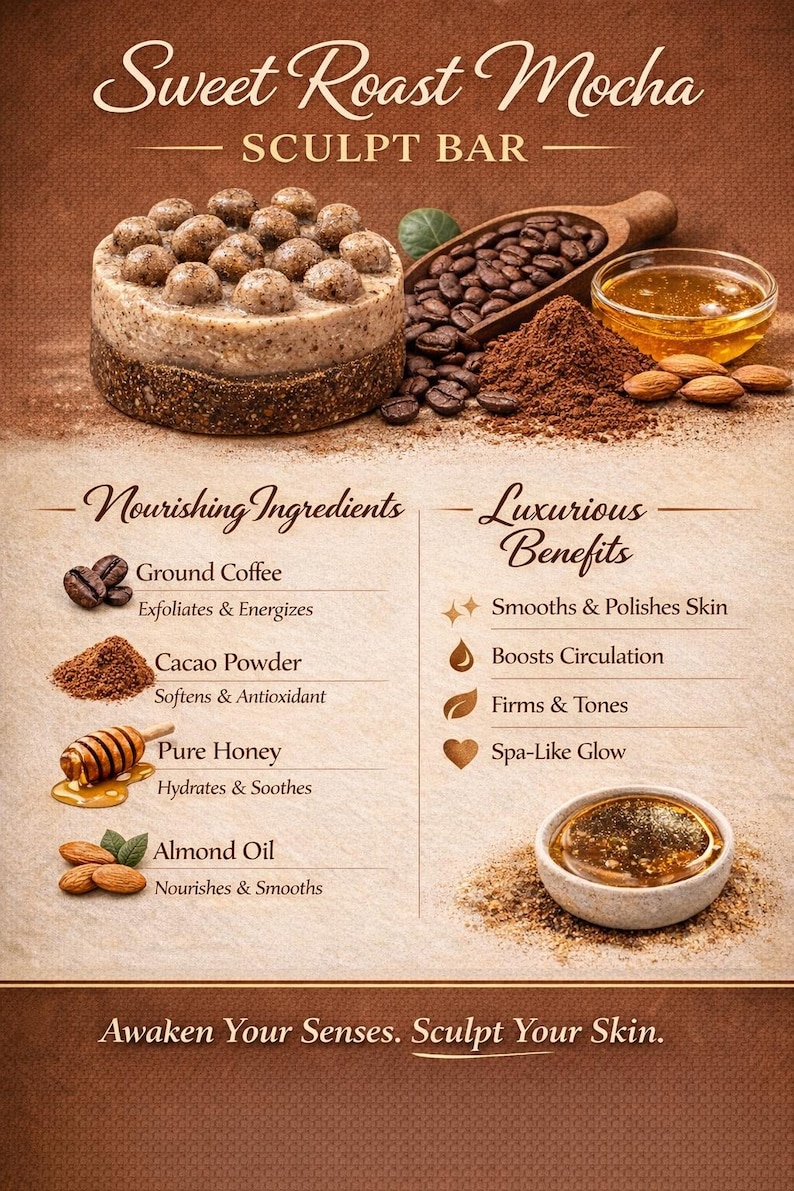 Op de afbeelding: Een advertentie voor een Sweet Roast Mocha Sculpt Bar. De afbeelding toont een ronde bar met toppings van koffiebonen, koffiebonen, gemalen koffie, honing en amandelen. Tekst bevat "Voedende Ingredi&euml;nten" en "Luxe Voordelen".