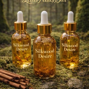May include: Three amber glass bottles with gold tops and white droppers, labelled "Silkwood Desire." The bottles are on moss, with a blurred forest background and the text "Lotus Petals Bar" at the top.