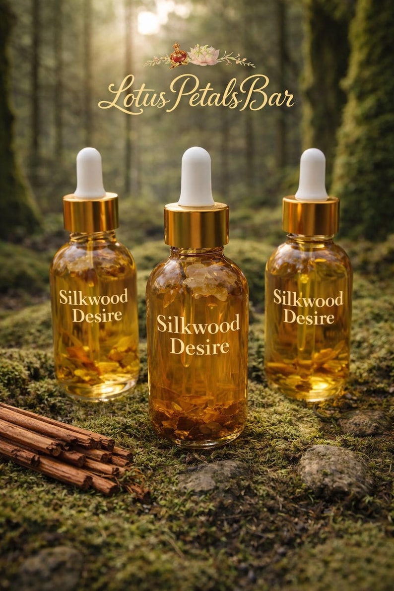 May include: Three amber glass bottles with gold tops and white droppers, labelled "Silkwood Desire." The bottles are on moss, with a blurred forest background and the text "Lotus Petals Bar" at the top.