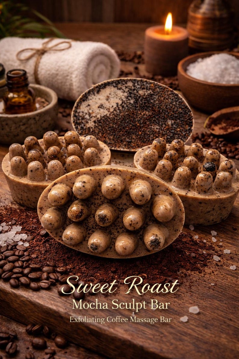 Op de afbeelding: Ovale mocha sculpt bars met een textuur, omringd door koffiebonen en -gruis. De bars zijn lichtbruin met donkerbruine accenten. De afbeelding bevat de tekst "Sweet Roast Mocha Sculpt Bar Exfoliating Coffee Massage Bar."