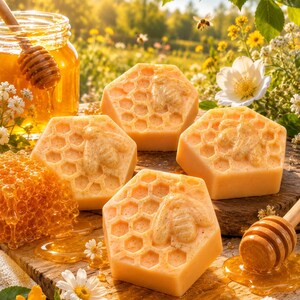 May include: Three hexagonal bars of soap with a raised bee and honeycomb pattern on the surface. The soap is light orange and arranged on a wooden board alongside a glass jar of honey, a wooden honey dipper, and a piece of raw honeycomb.