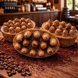 Op de afbeelding: Drie ovale en ronde met koffie doordrenkte zepen met een textuur, gepresenteerd op een houten oppervlak met verspreide koffiedik en hele bonen. De zepen zijn lichtbruin met donkerbruine accenten.