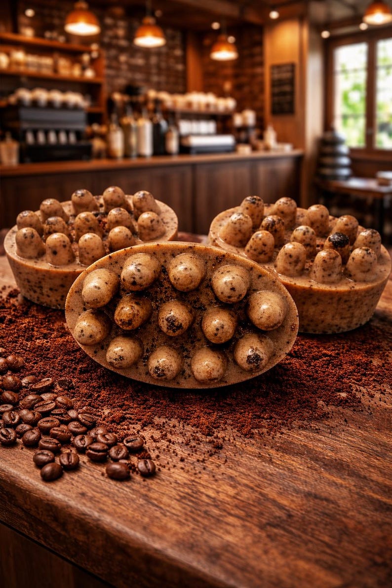 Op de afbeelding: Drie ovale en ronde met koffie doordrenkte zepen met een textuur, gepresenteerd op een houten oppervlak met verspreide koffiedik en hele bonen. De zepen zijn lichtbruin met donkerbruine accenten.