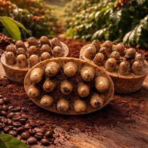Op de afbeelding: Drie ovale, bruine koffiezepen met afgeronde uitsteeksels, rustend op een bedje van koffiedik. De zepen zijn omgeven door koffiebonen en groene bladeren, met een vage achtergrond van koffieplanten.