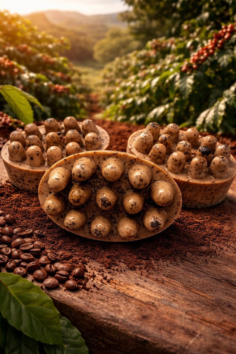 Op de afbeelding: Drie ovale, bruine koffiezepen met afgeronde uitsteeksels, rustend op een bedje van koffiedik. De zepen zijn omgeven door koffiebonen en groene bladeren, met een vage achtergrond van koffieplanten.