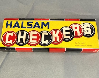 Juego de damas vintage Halsam n.° 145H, piezas de madera, caja original, 24 unidades, Chicago, IL