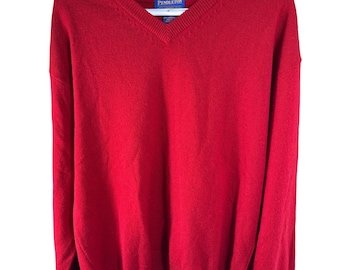 Suéter de cuello en V para hombre Pendleton, rojo, 100% lana de cordero, talla grande, tejido vintage.