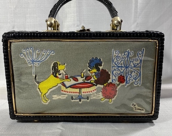 HTF Vtg SIMON Wicker &Vinyl PURSE Poodle Dog Lunch Date Drinks Hong Kong Handbag