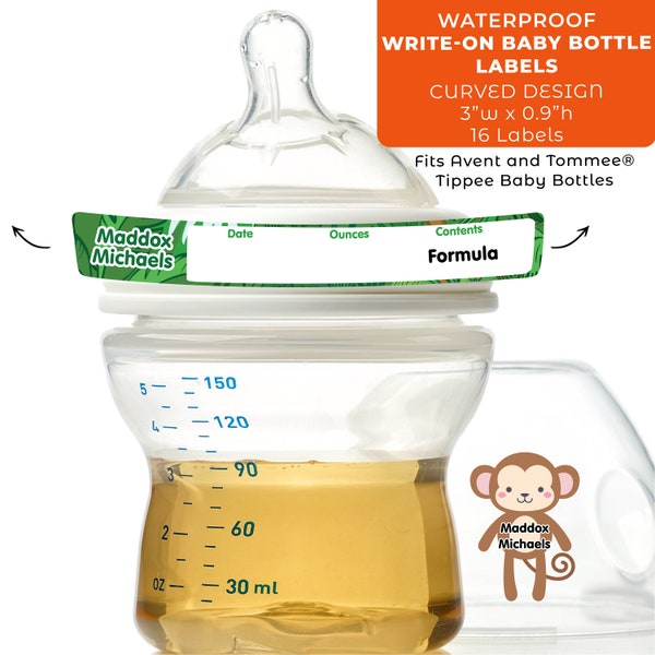 Baby Bottle Labels, Write-On, Curved - Animals (Fits Avent®, Tommee Tippee®)