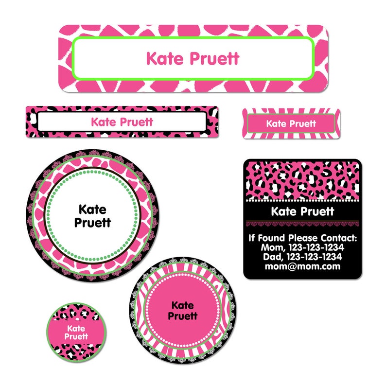 School Name Label Pack Animal Print Bright Pink
