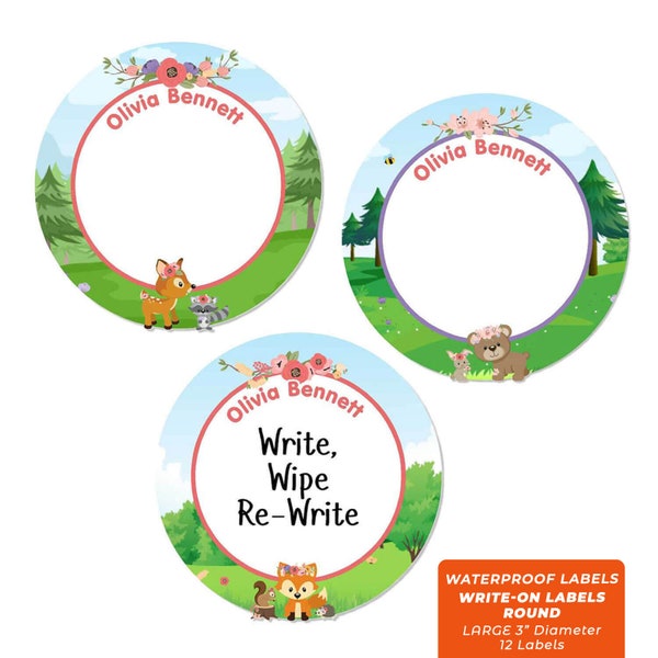 Write-On Labels (6 Sizes), Forest Friends (Coral)