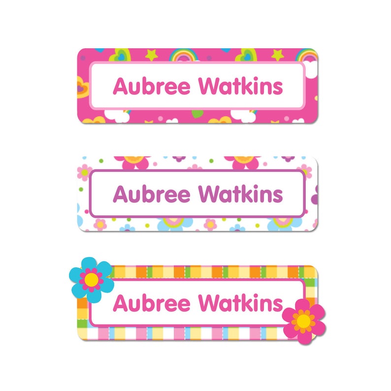 4 Sizes Rectangle Name Labels Flowers and Rainbows