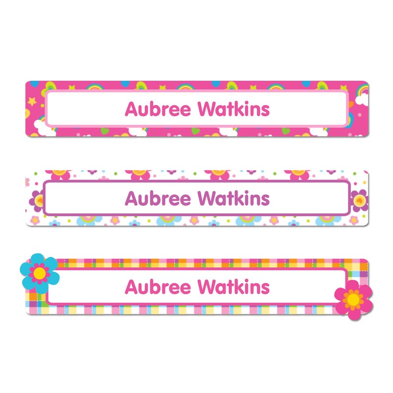 4 Sizes Rectangle Name Labels Flowers and Rainbows