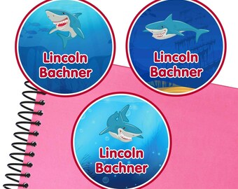 Personalized Round Waterproof Labels: Shark Design for Kids School Supplies
