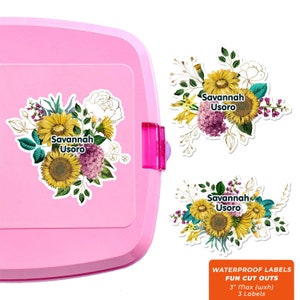 Fun Cut Outs, Name Labels for Kids Water Bottles, Sunflowers (5 Colors)