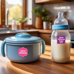 May include: Two blue containers with personalized labels. One container is a baby bottle with a label that says "Olivia Williams Breast Milk". The other container is a bowl with a label that says "Olivia Williams".