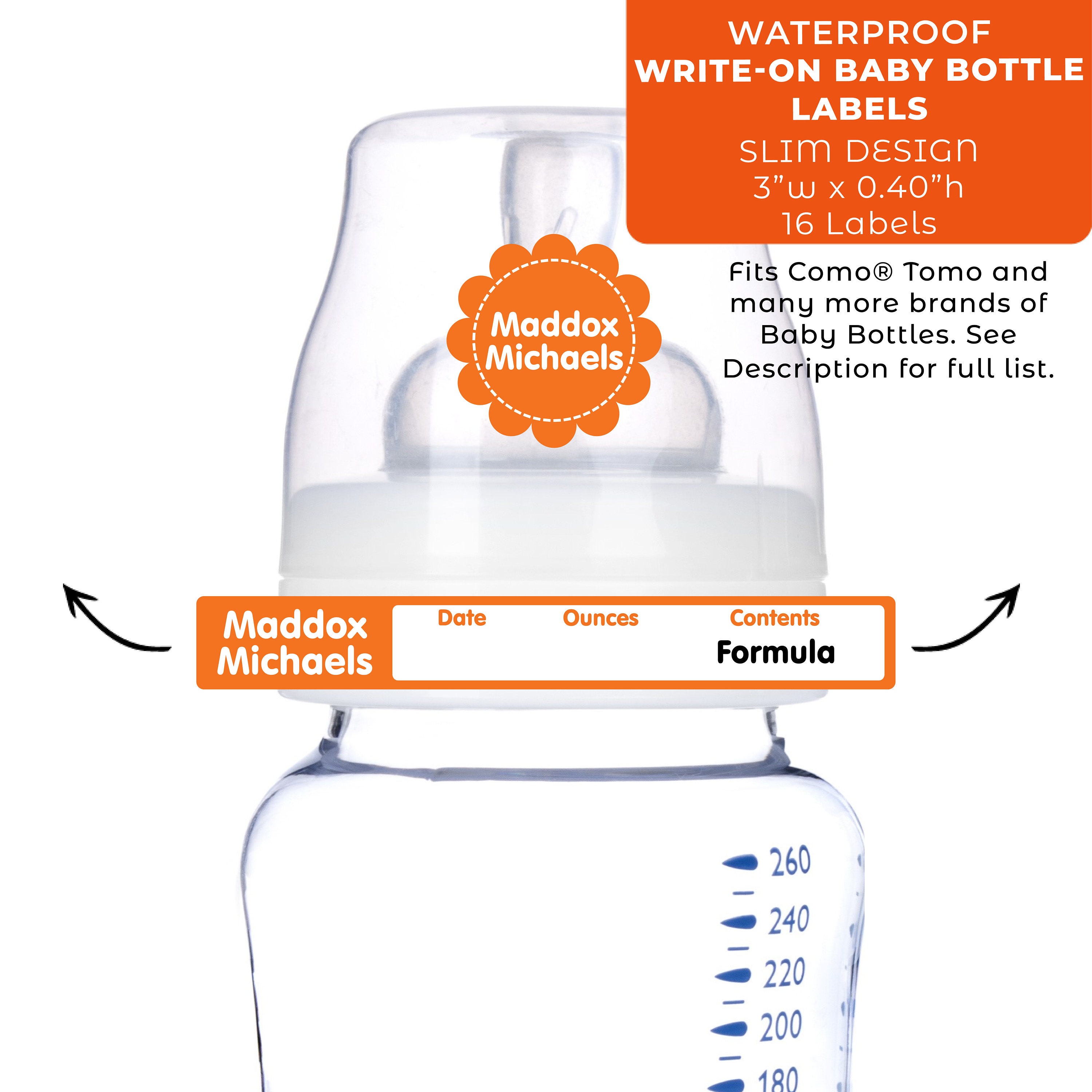 Baby Bottle Name Labels, Write-on, Slim Solid fits Como® Tomo and Other  Brands 