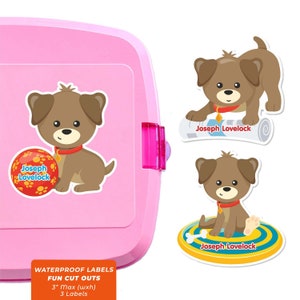 Lustige Ausschnitte, Namensetiketten für Kinderwasserflaschen, Welpen (Pick Breed)