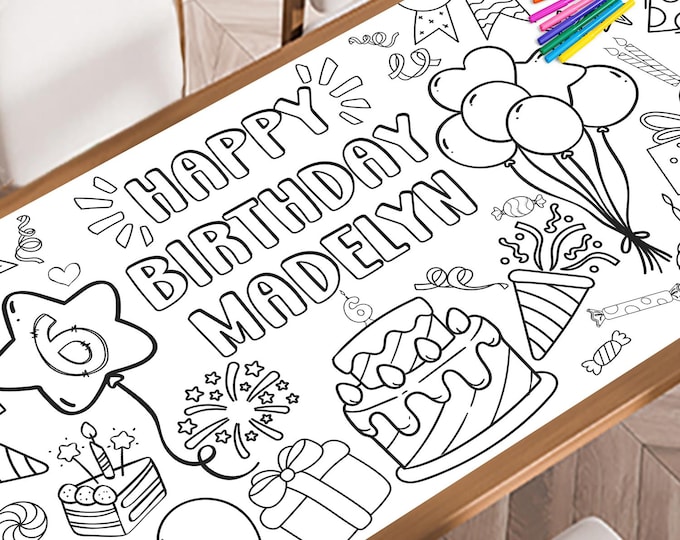 Giant Birthday Coloring Poster, Customizable Party Activity (72" x 29.5")