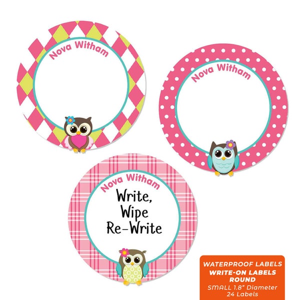 Write-On Labels (6 Sizes), Owls (Pink)