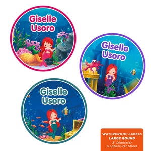 Etichette rotonde con nome (3 misure), sirene (scegli il colore dei capelli/della pelle)