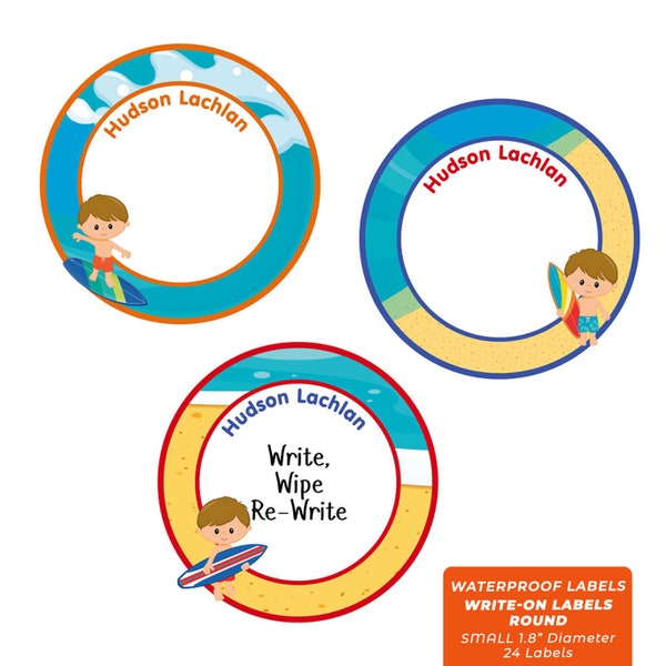 Write-On Labels (6 Sizes), Beach Boy (Pick Hair/Skin Color)