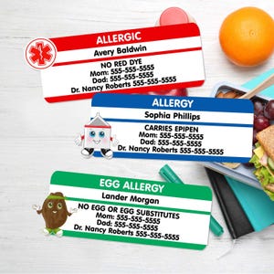 Food Allergy Labels ? Emergency Contact Warning Stickers | Rectangle