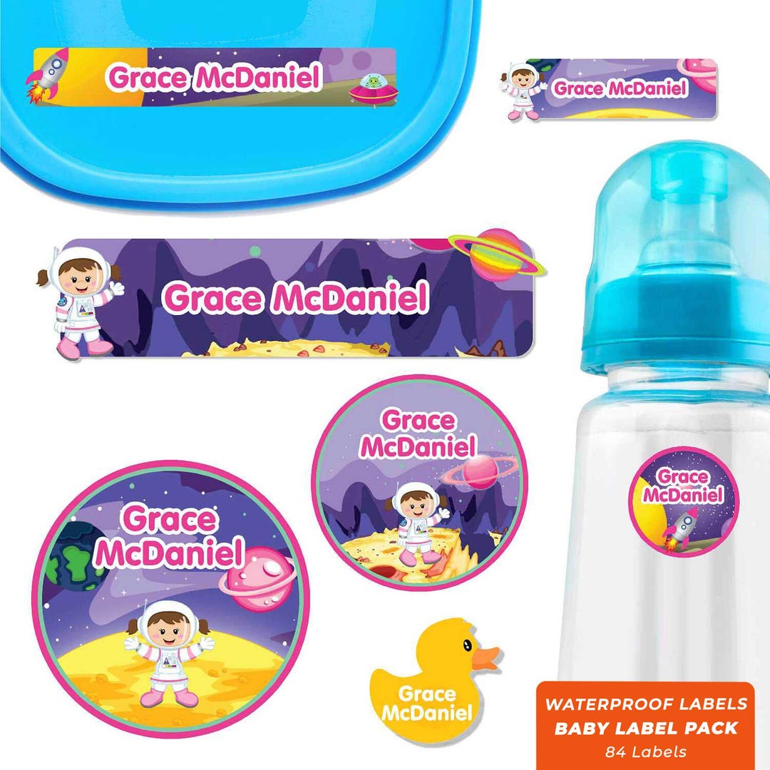 Baby Label Pack, Baby Labels for Daycare, Astronaut Girl pick Hair/skin ...