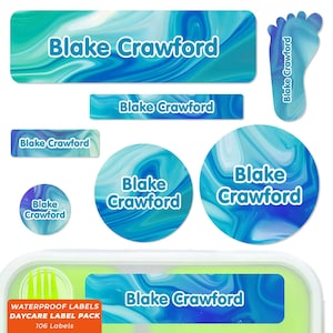 Daycare Label Pack, Name Labels for Daycare, Liquid Blue